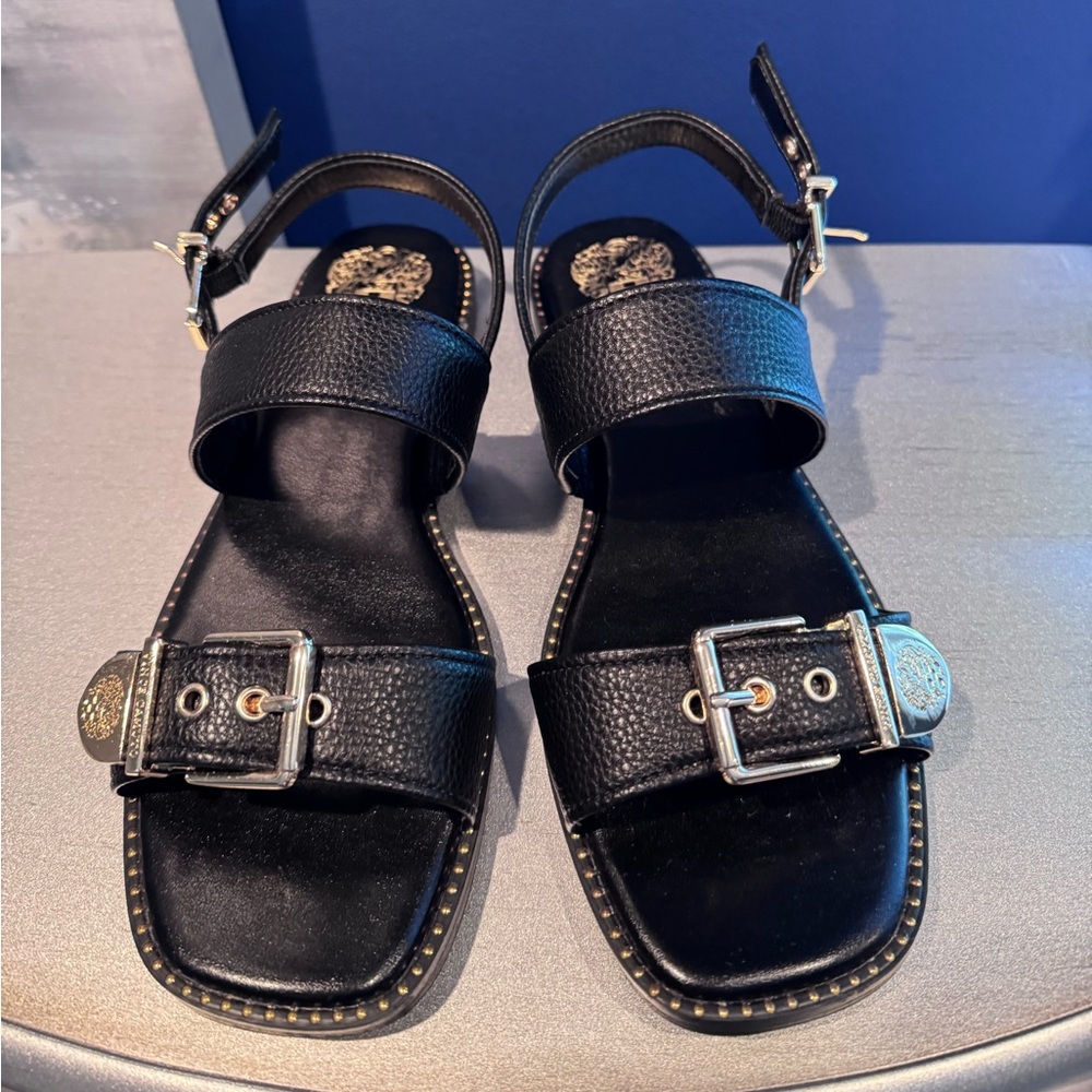 Vince Camuto Noryna Black and Gold Sandals with Modern Design